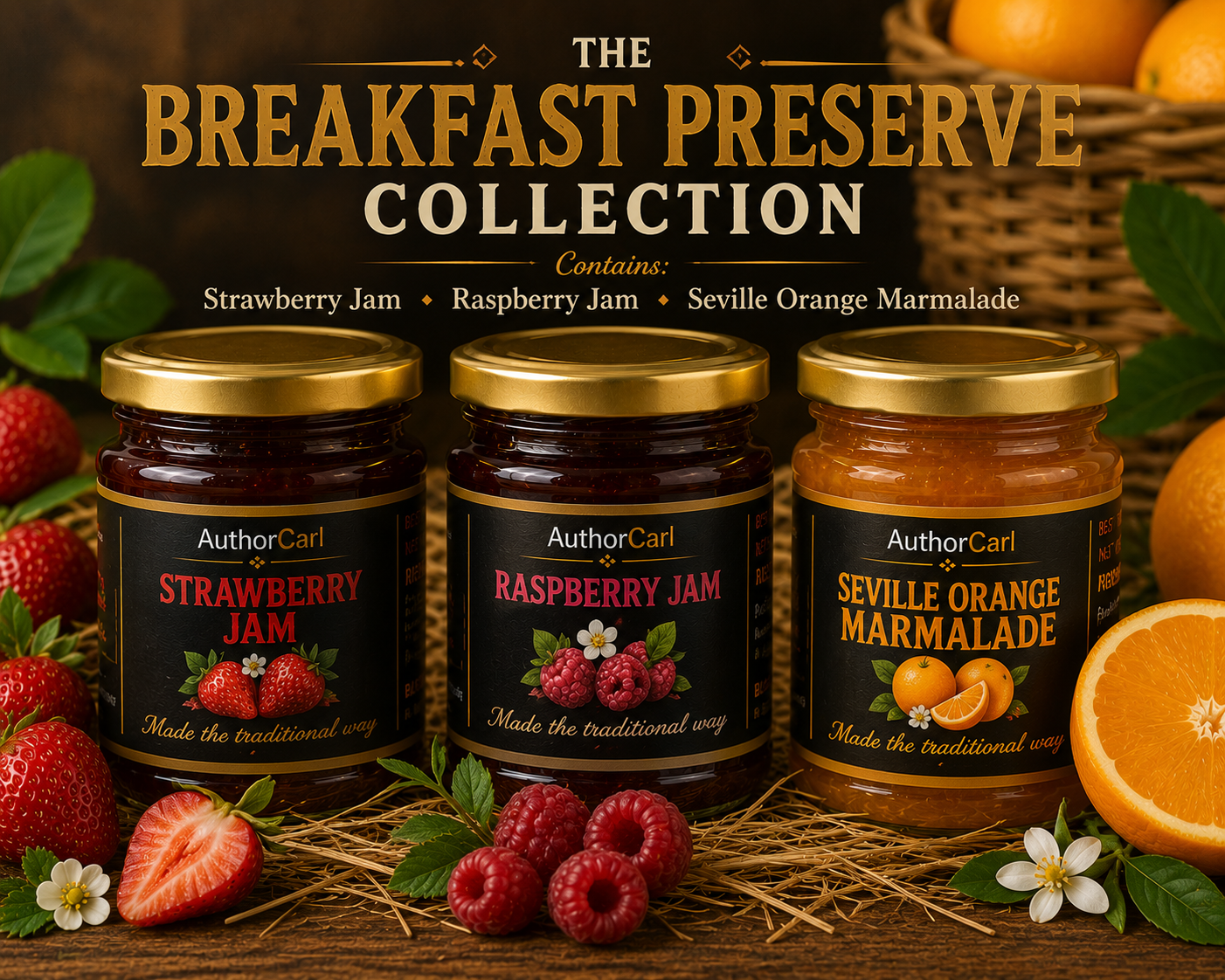 The Breakfast Preserve Collection with strawberry jam, raspberry jam and Seville orange marmalade